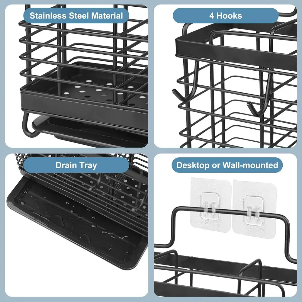Kitchen Utensil Drying Rack with Drain Tray | Stainless Steel, 3 Compartment, Counter Organizer for Silverware, Cutlery, Forks,