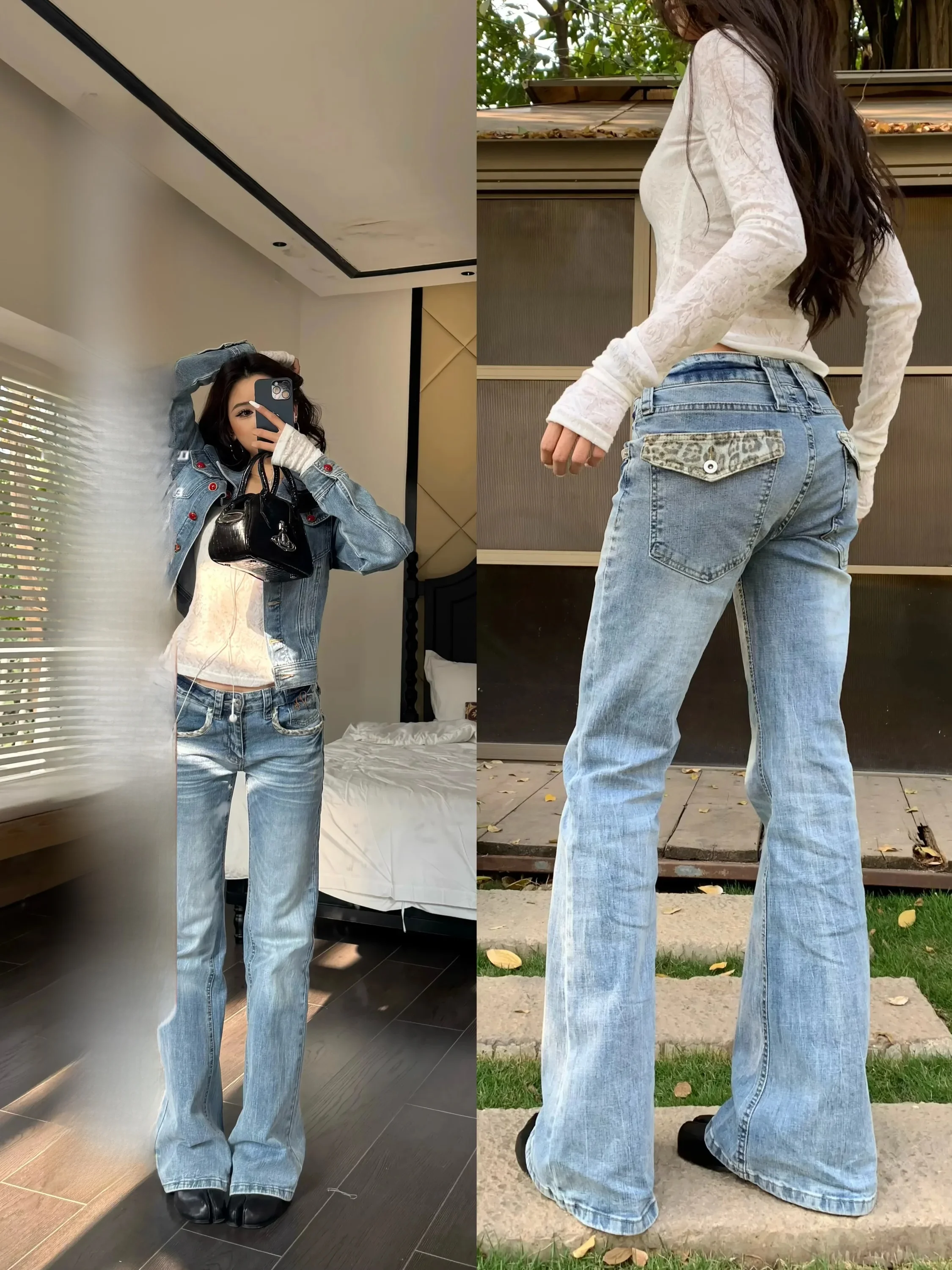 

Lazy Chen Chen American Retro Leopard Print Patchwork Pocket Design Loose Wide Leg Slim Straight Jeans Cotton Spring Summer
