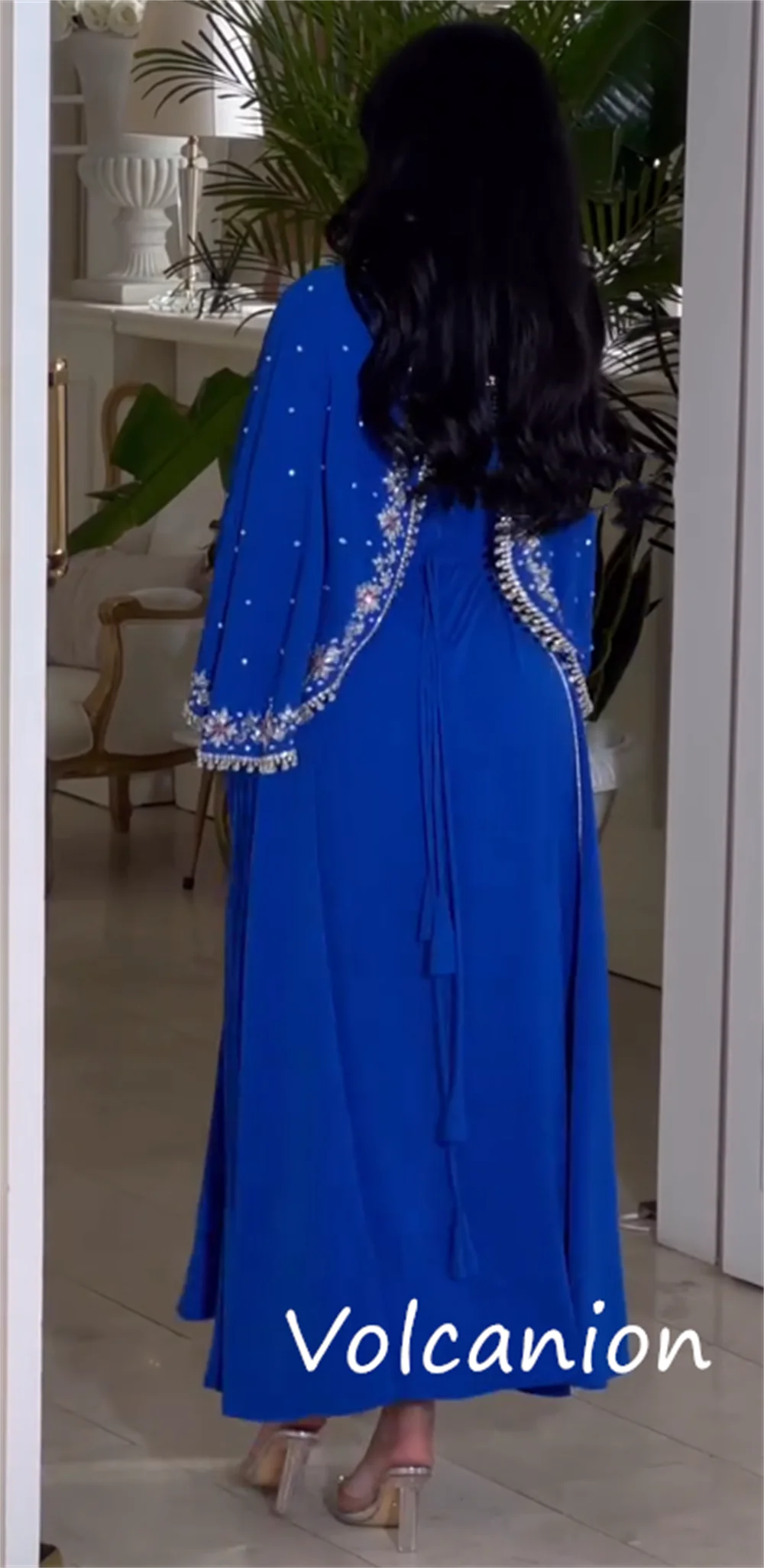 Customized Sparkle Pastrol Jersey Sequined Pleat A-line V-neck Midi Dresses Bespoke Occasion Exquisite