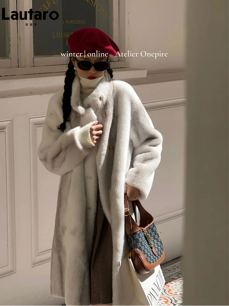 Lautaro Winter Long Thick Warm Fluffy Faux Fur Coat Women Stand Collar Double Breasted Elegant Luxury Designer Clothes Fashion