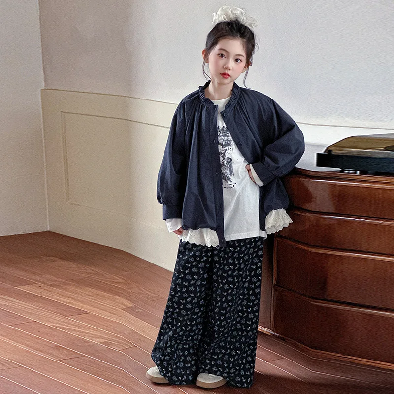 

Детские осенние костюмы-двойки для девочек, корейские кружевные лоскутные однобортные пальто для девочек-подростков, свободные брюки с принтом для девочек от 4 до 14 лет, наряд