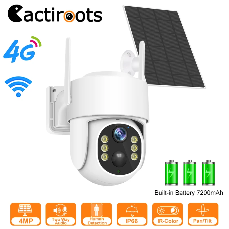 Cactiroots Solar Panel PTZ IP Camera WiFi 4MP 4G Video Surveillance Security Protection Built-in Battery Long Time Standby iCsee