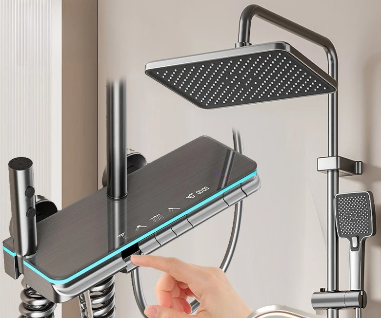 Full Copper Smart Thermostatic Shower System, Digital Display Piano Key Pressurized Shower Kit for Household Bathroom