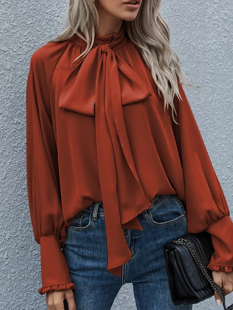 ربيع الخريف المرأة موضة جديدة عالية الياقة ربطة القوس فيونكة فقاعة طويلة الأكمام عادية فضفاض تنوعا جولة الرقبة الأعلى #4