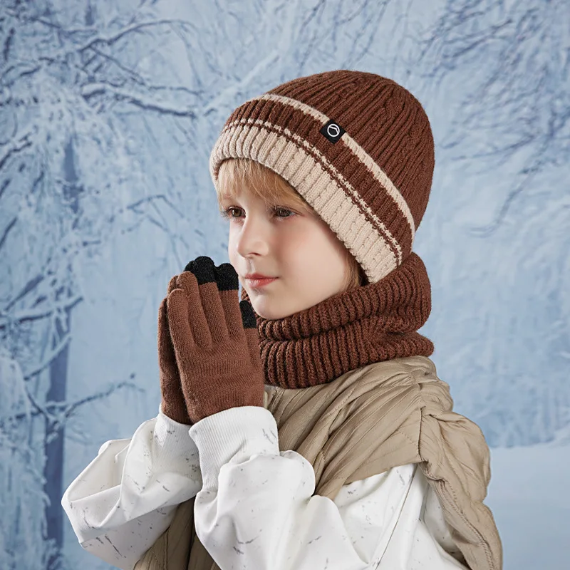 Winter 3pcs Children Keep Warm 3pcs Scarf and Gloves Windproof Hat Kids Outdoor Play Warm Ear Protection Knitted Hats