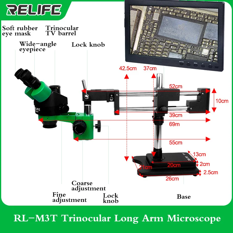 RELIFE RL-M3T Mobile Phone Repair Electron Microscope Binocular Trinocular 7-45x with Stl2 Long Arm 4k Camera Microscope