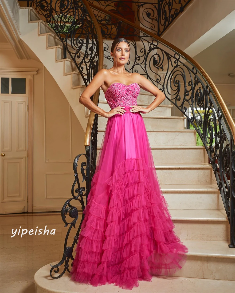 Customized Tulle Applique Draped Tiered Engagement A-line Strapless Bespoke Occasion Gown Long Dresses