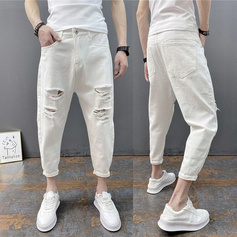 Korean Ankle-Length Distressed Jeans Men White Breathable Slim Fit Ripped Denim Pants Four Season Narrow Leg Harem Male Trousers