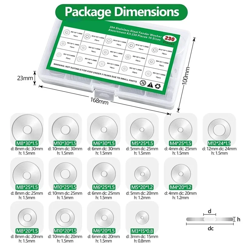 230PCS 304 Stainless Steel Large Fender Washers Assortment Kit M3 M4 M5 M6 M8 M10 M12 Enlarged Flat Washer O-ring Sealing Spacer