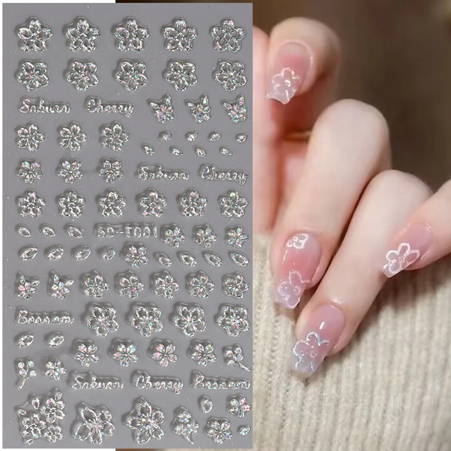 5D Glitter Embossed Nail Sticker Laser Simple Flower Daisy Butterfly Love Heart Stripe Lace Slider Holographic Decoration BE5D-T