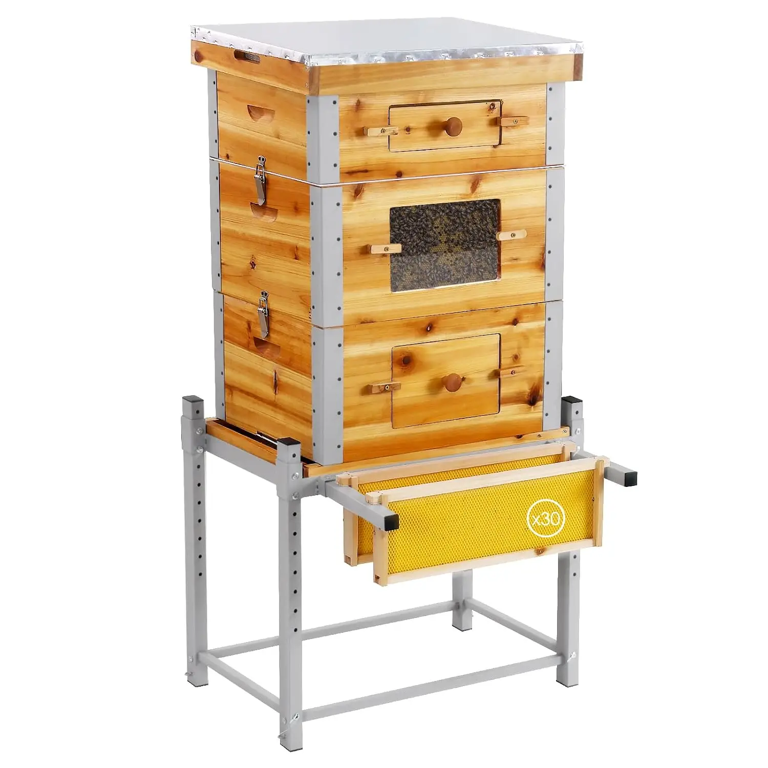 Bee Hive Boxes Starter Kit with Metal Stand,100% Beeswax Coated Bee Hive with 10 Medium and 20 Deep Frames & Foundations
