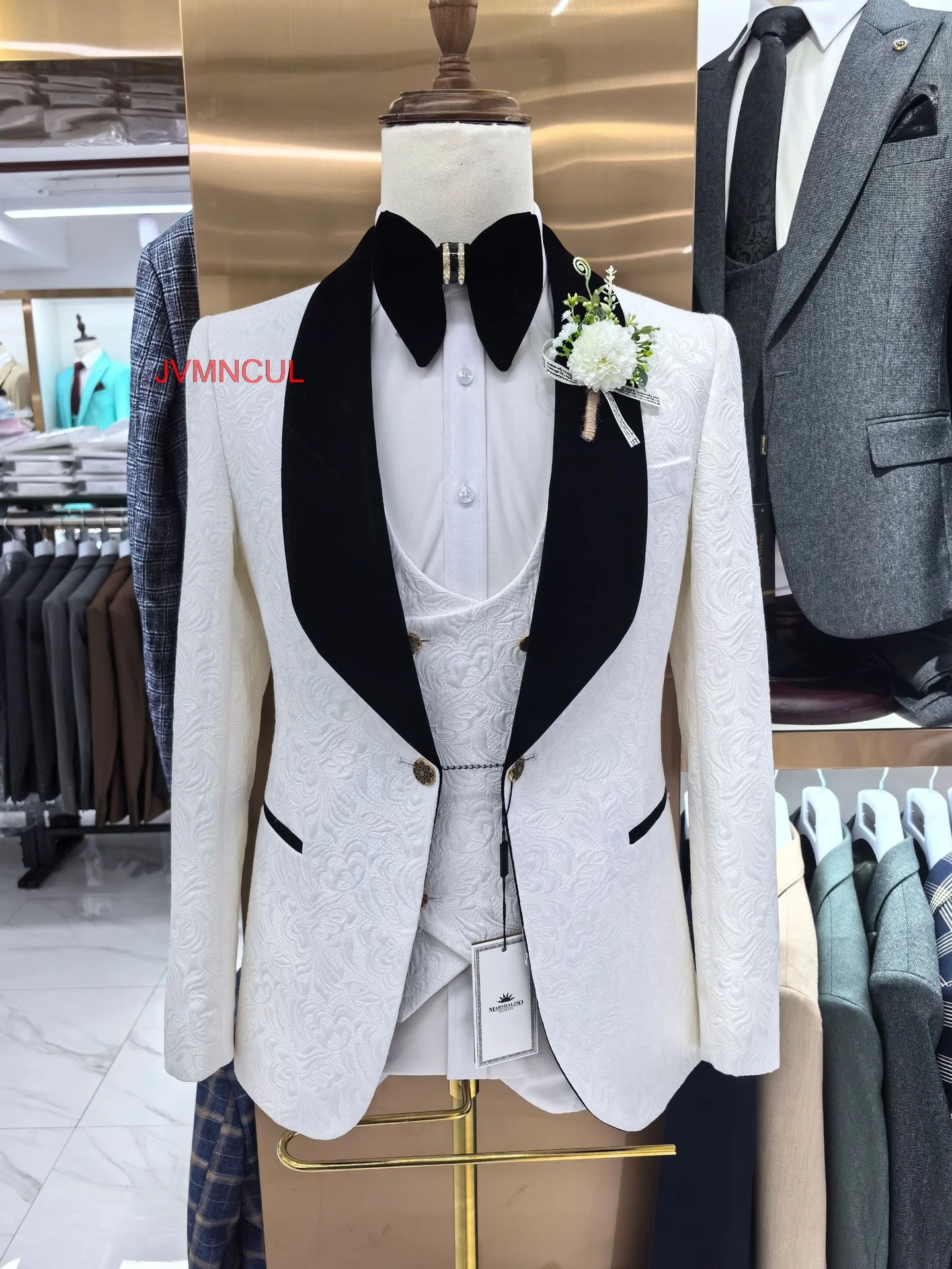 

3 Pieces Men's Suit Jacket Vest Pants Coat Blazer Groomsman Slim Fit Lapel Solid Suit For Wedding Herringbone 5XL Size