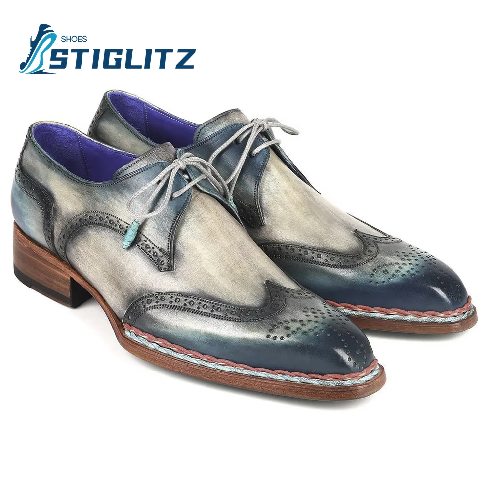 Welted Wingtip Derby Shoescolor Polished Shallow Lace-Up Oxford Shoes for Men Formal Genuine Leather Shoes High Quality Brogues