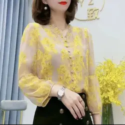 Office Lady Elegant V-Neck Shirt Fashion Folds Spliced Women's Clothing Casual Button Long Sleeve Spring Floral Printed Blouse