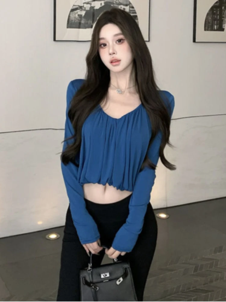 

Укороченная футболка с длинными рукавами в японском стиле в стиле Харадзюку, осенняя модная сексуальная футболка в корейском стиле для горячих девушек, эмо