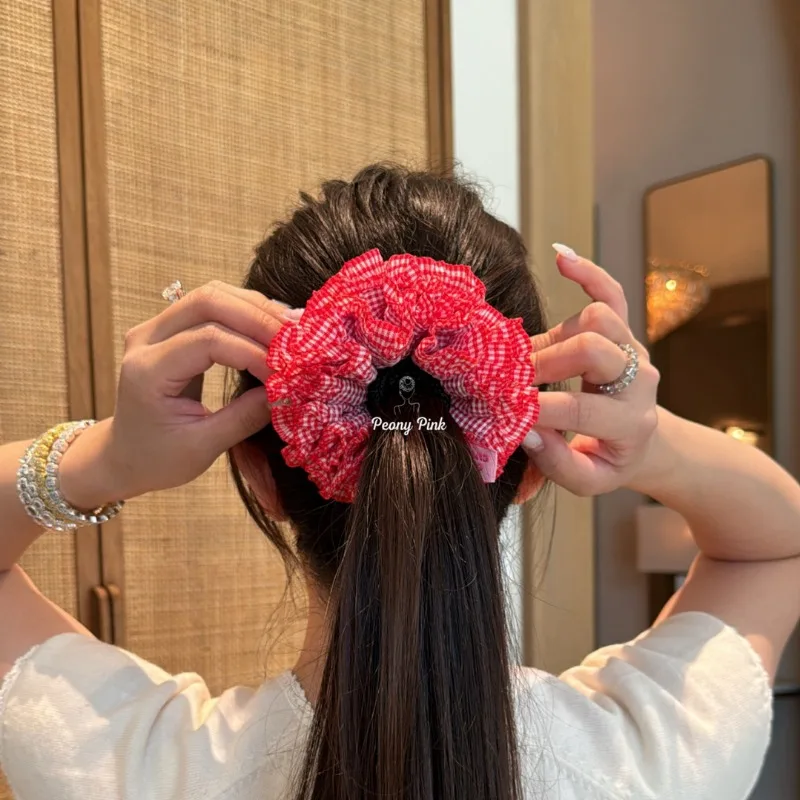 Fashion Retro Plaid Double-layer Laced Pleated Scrunchies Headdress 2024 Female Colored Oversized Hair Ties Hair Accessories