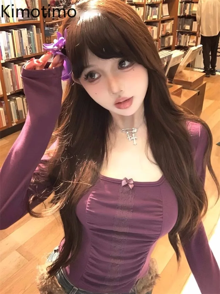 Autumn Sexy Lace Hollow Splicing Square Collar T-shirt Women Y2k Aesthetic Slim Fit Long Sleeve Crop Tops New
