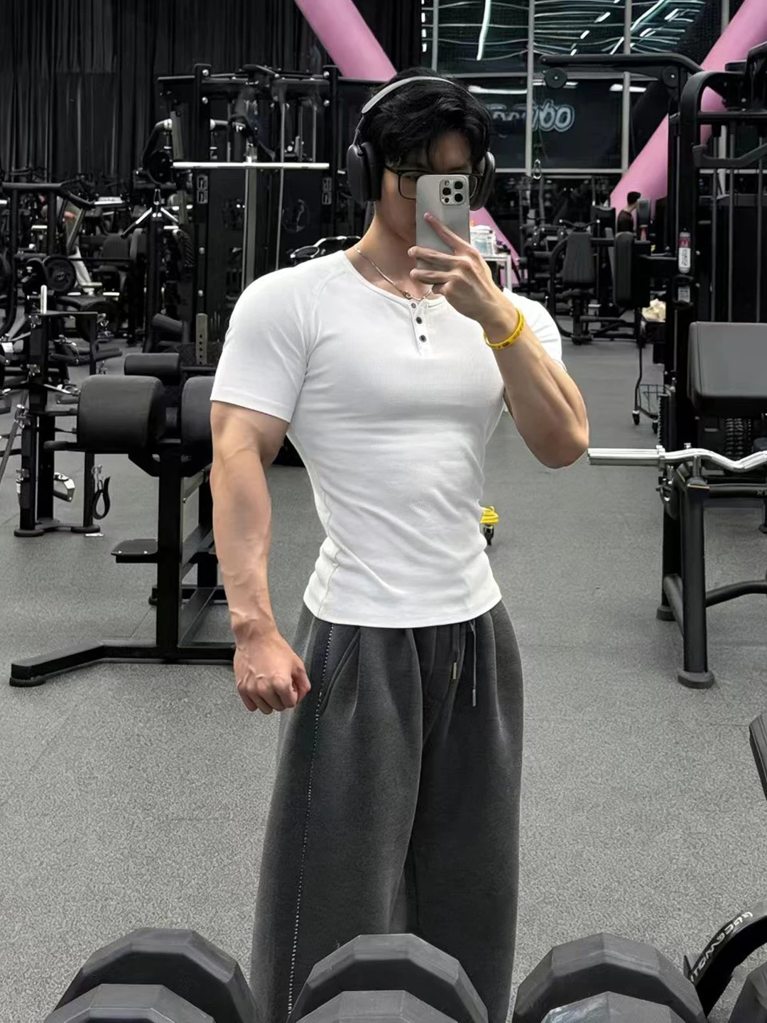 White Fitness Henry Collar T-Shirt Men's Spring Summer American Style Muscle Highlighting Short Sleeve Elastic Slim Fit Sweat...
