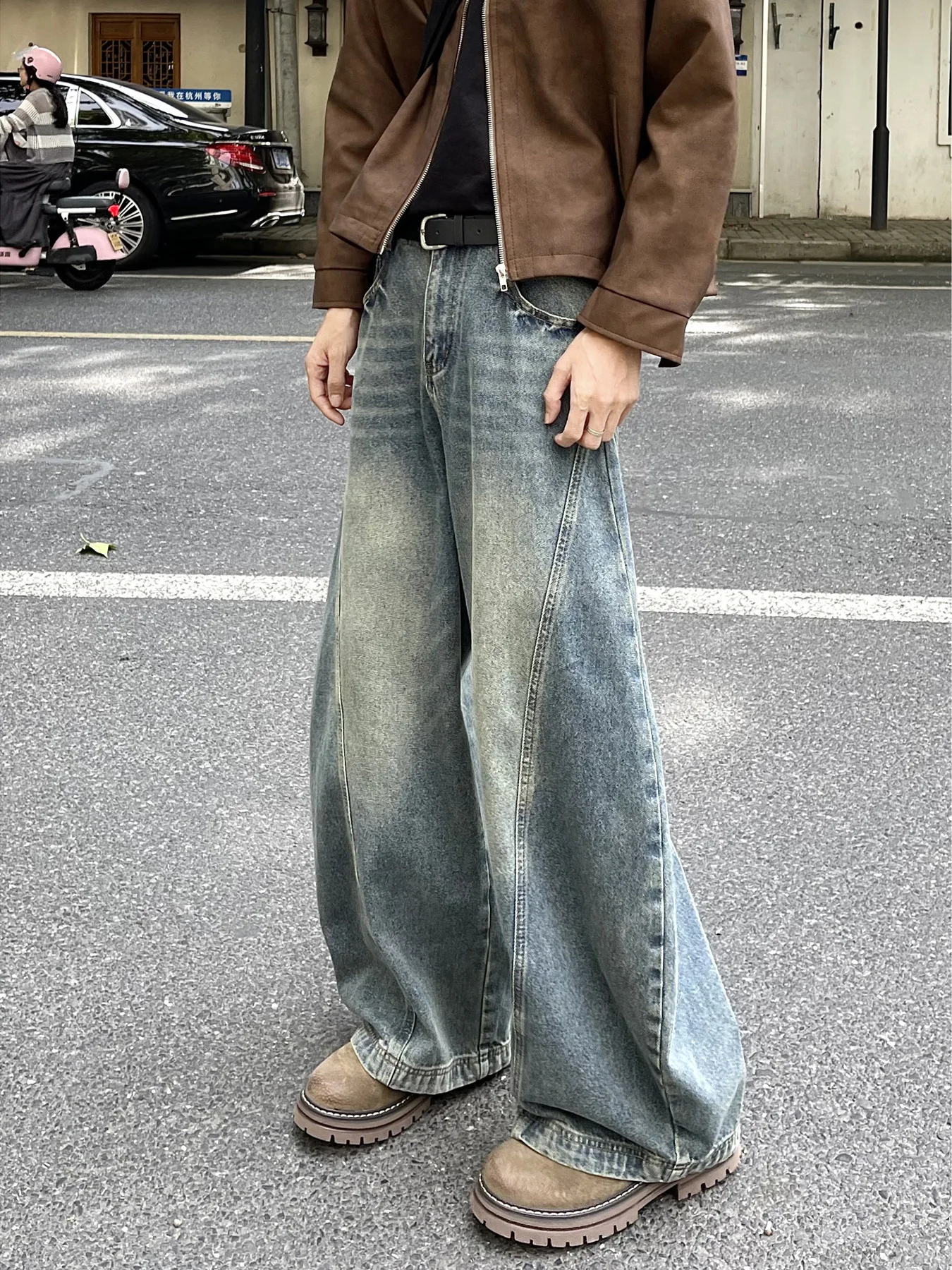 アメリカンレトロワイドレッグメンズジーンズルーズストレートクリーンフィットバナナパンツデザインセンセーションユーストレンド