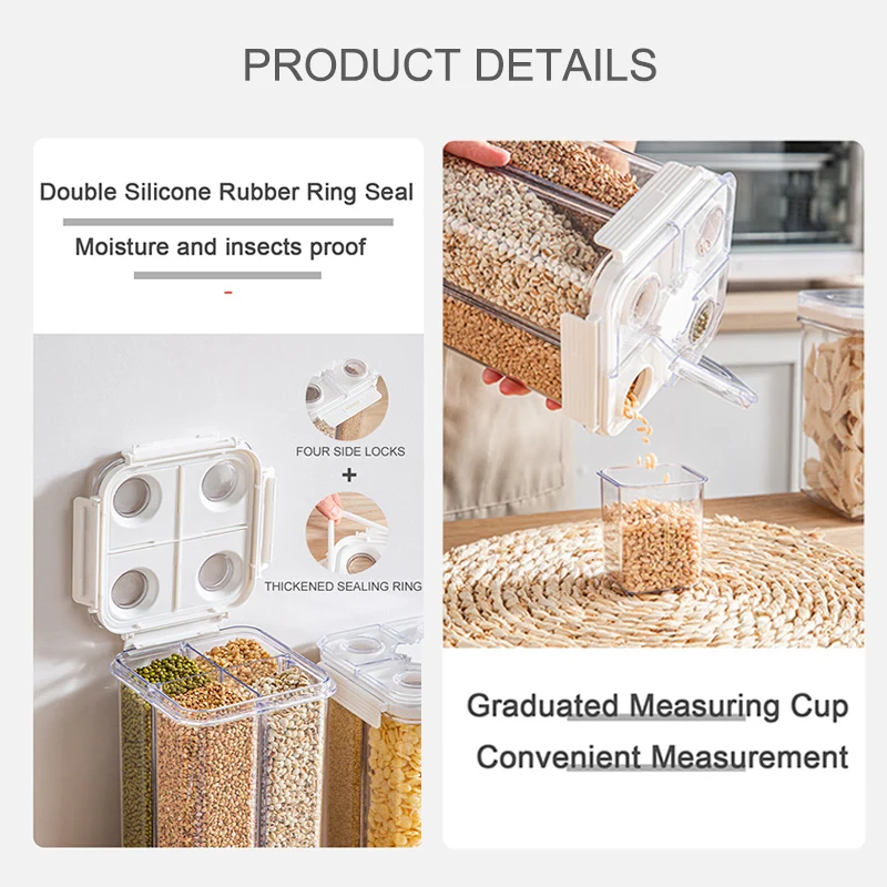 2023 New Cereal  Grain Dispenser, 4-Compartment Airtight Food Storage Containers Nuts Jars Seal Box for kitchen Storage Organiza