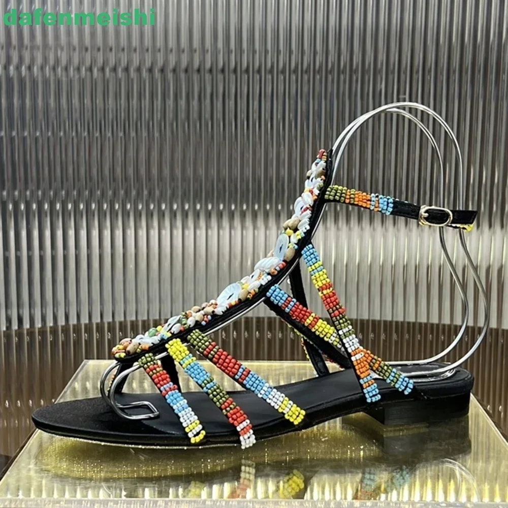 

2025 New Colorful Shell Handmade Women Sandals Crystal Bling Bling High Heels Black Genuine Shoes Silver Sole Thin Heel Fashion