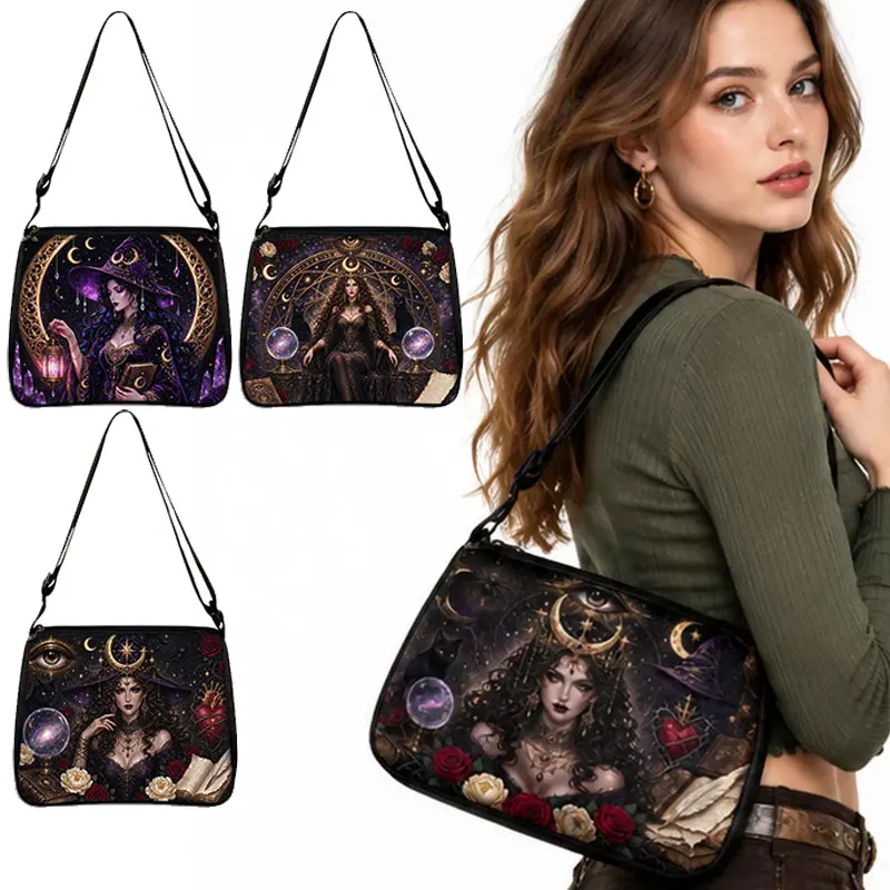 Enchanted Mystical Witch Dark Print Shoulder Bag Mysterious Witch Black Cat Women Handbag Phone Wallet Holder Large Capacity Bag