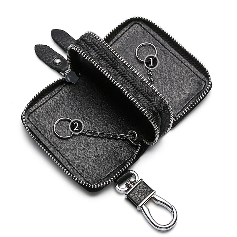 Bolso de cuero de vaca para llaves, funda Vintage Unisex para llavero de coche, organizador de billetera sólida Simple con doble cremallera