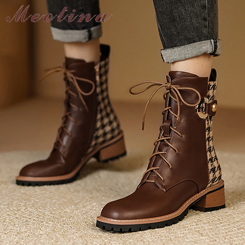 

Meotina Women Genuine Leather Ankle Boots Round Toe Thick Mid Heel Zipper Lace-up Ladies Fashion Short Boot Autumn Winter Shoes