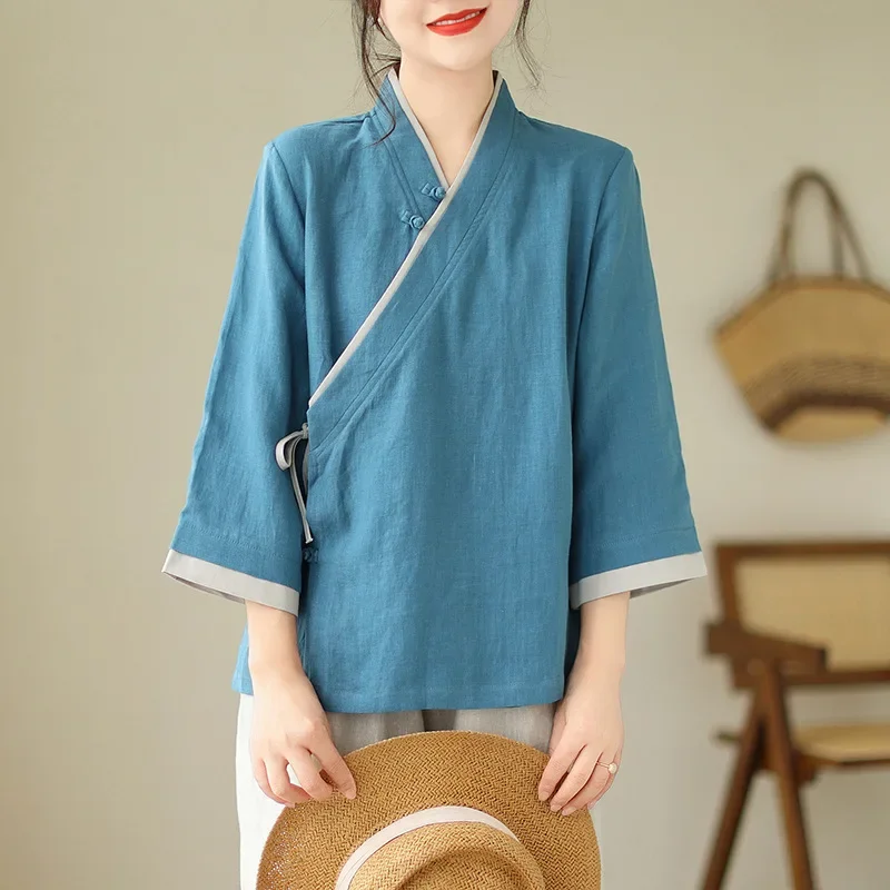 

New Tang Clothing Women's Hanfu Improved Summer Tea Clothing Set Buddhist Zen Chinese Top