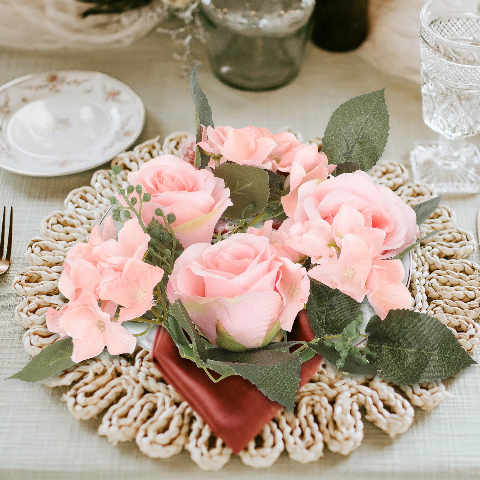 

2 Pcs Artificial Rose Wreath Decorative Tabletop Wedding Floral Ring for Candles Vase