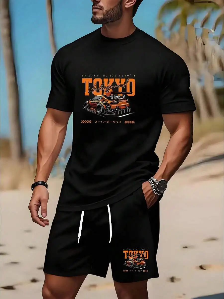 

Mens Tokyo Underground Racing Print Casual Sports Set Black T-Shirt And Shorts Summer Outfit