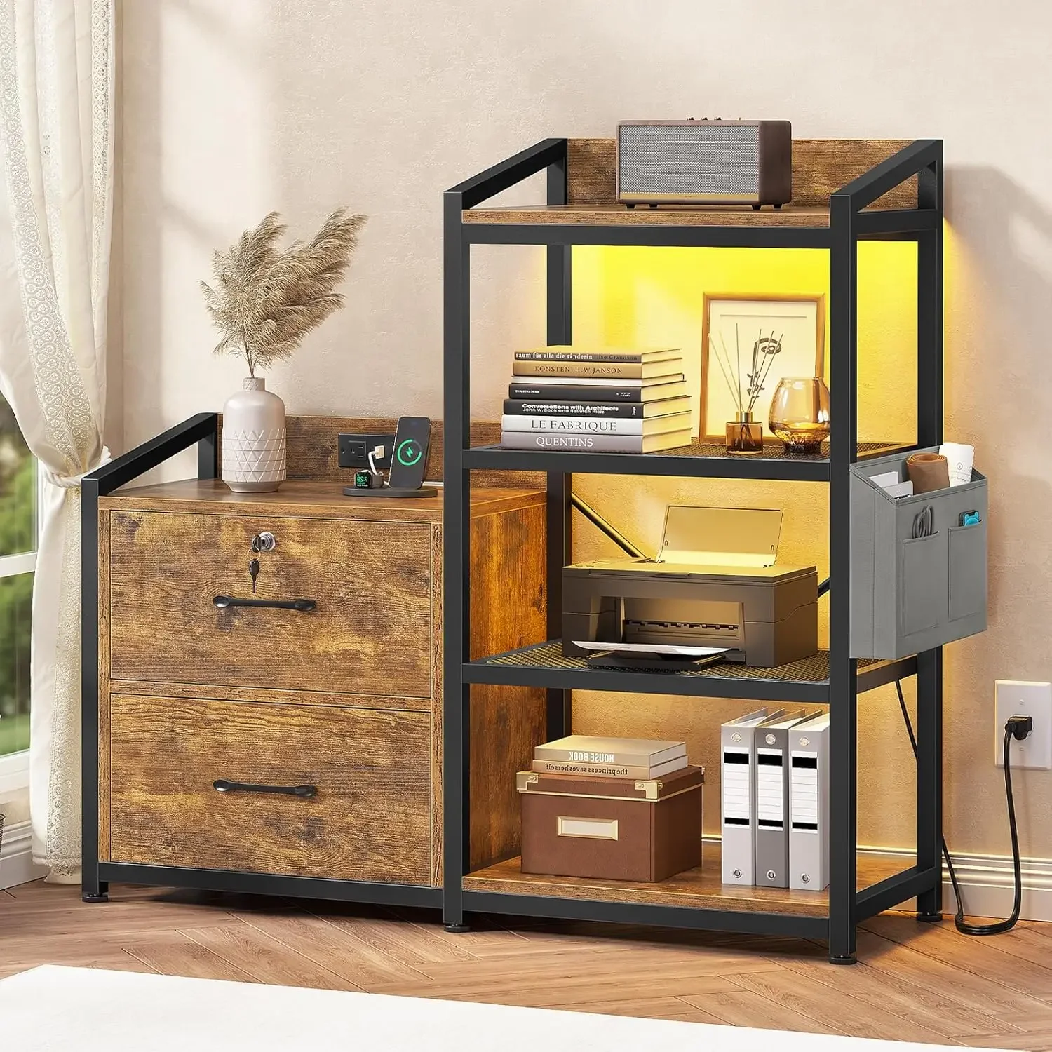 35.4” File Cabinet, Filing Cabinet fits Letter/A4 Size, 2 Drawe File Cabinets for Home Office with Power Strip, LED Light