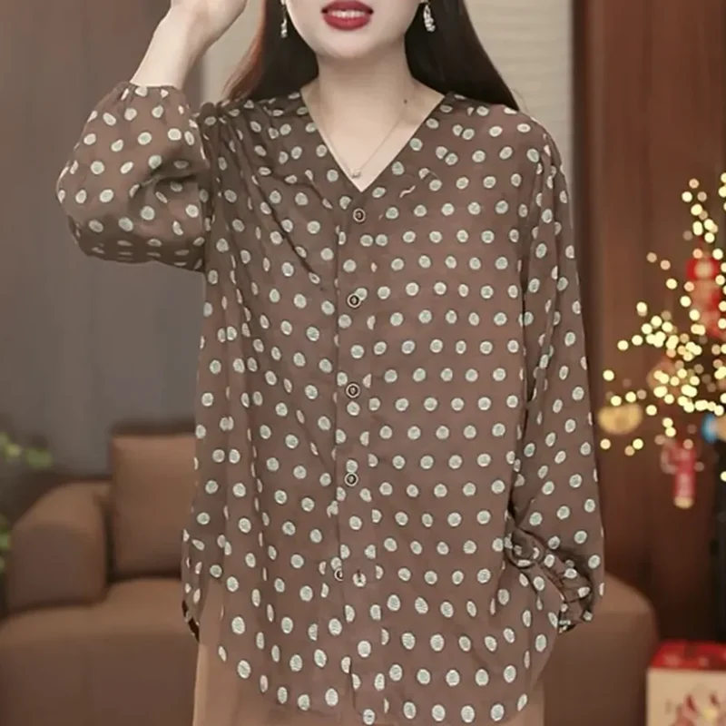 

Elegant V-Neck Button Printed Folds Polka Dot Shirt Women's Clothing 2025 Spring Summer New Casual Tops Loose Office Lady Blouse