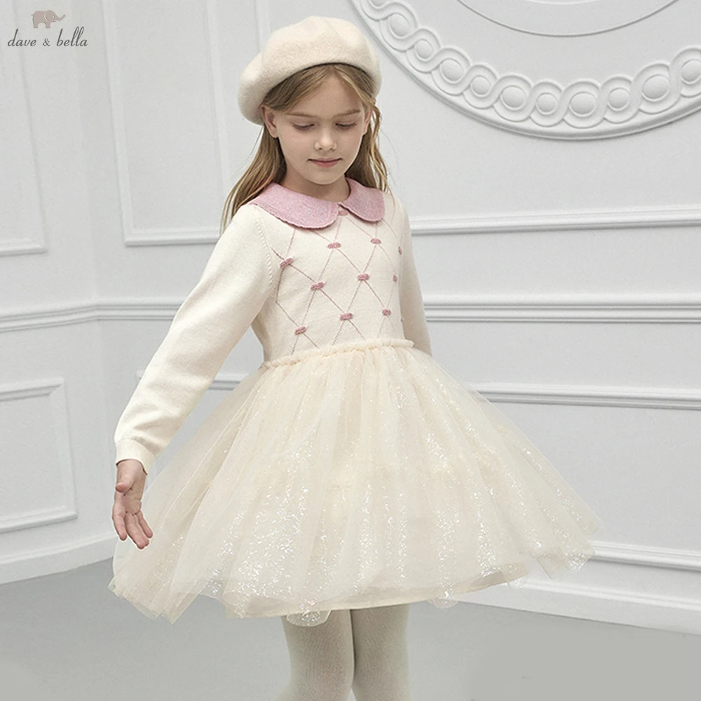 

Сетчатое платье принцессы с длинными рукавами Dave Bella для девочек, детское зимнее вязаное платье-свитер, милая праздничная уличная одежда DK3236581