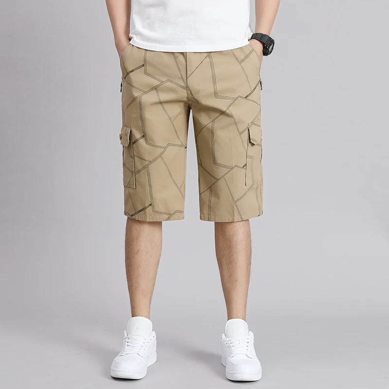 Summer Thin Stylish Printed Casual Shorts Beach Style Loose All-match Men\'s Clothing Pockets Spliced Commute Zipper Knee Pants