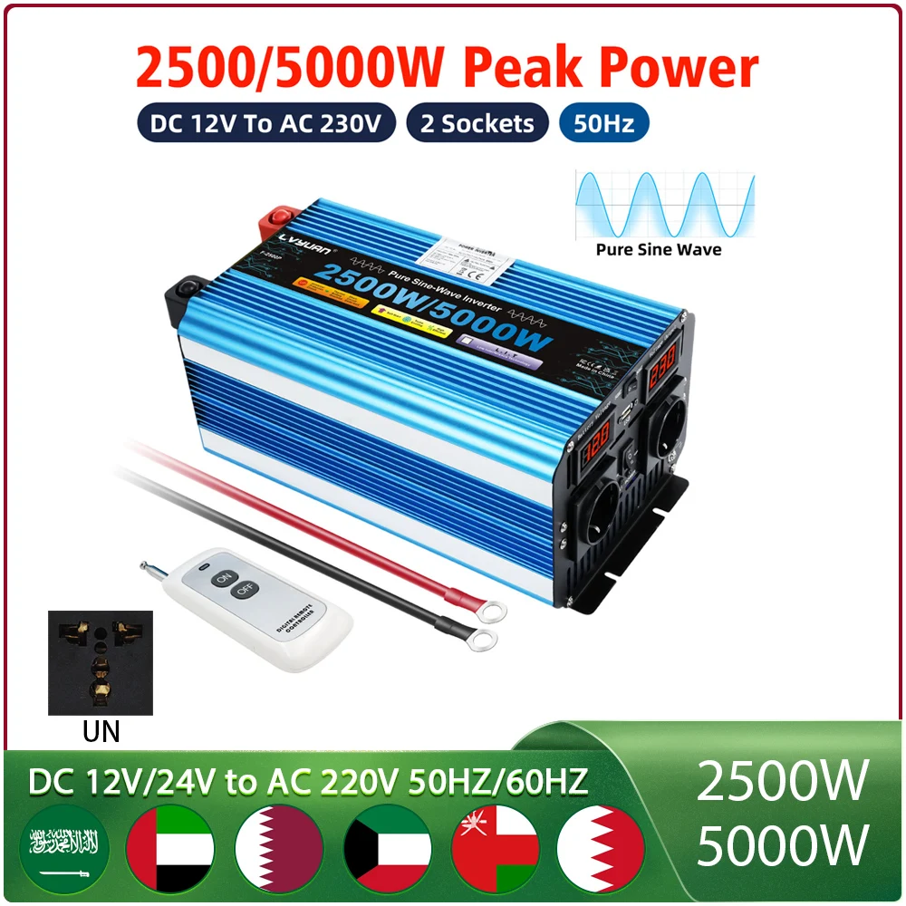 5000W Inverter DC 12V 24V 48V To AC 220V Voltage Convertor Transformer Solar Double Digital Display Power Inverter