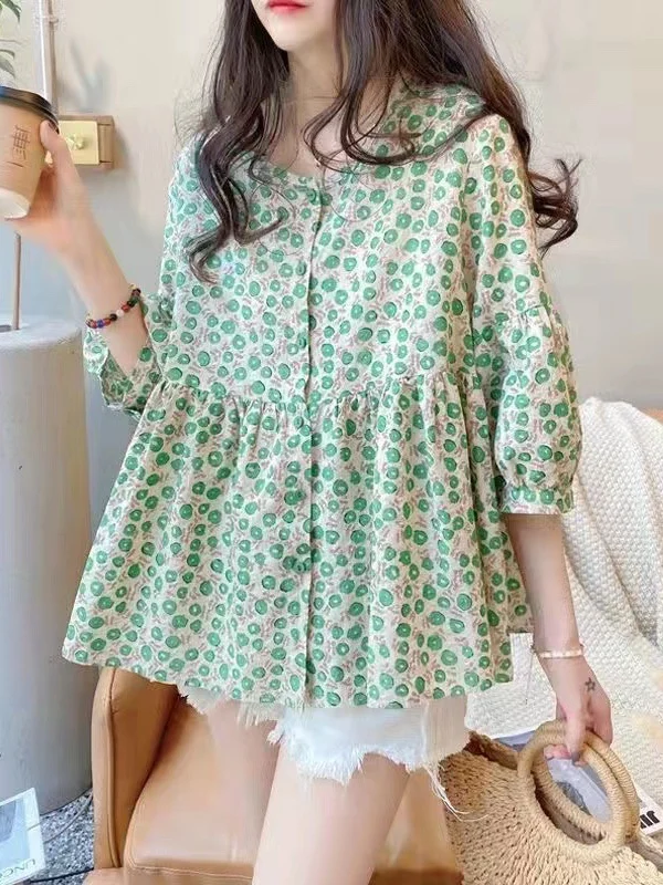 

Loose Korean Style Floral Print Shirt Women's Five-Quarter Sleeve round Neck Lantern Sleeve Blouse Summer New Arrival Doll Top