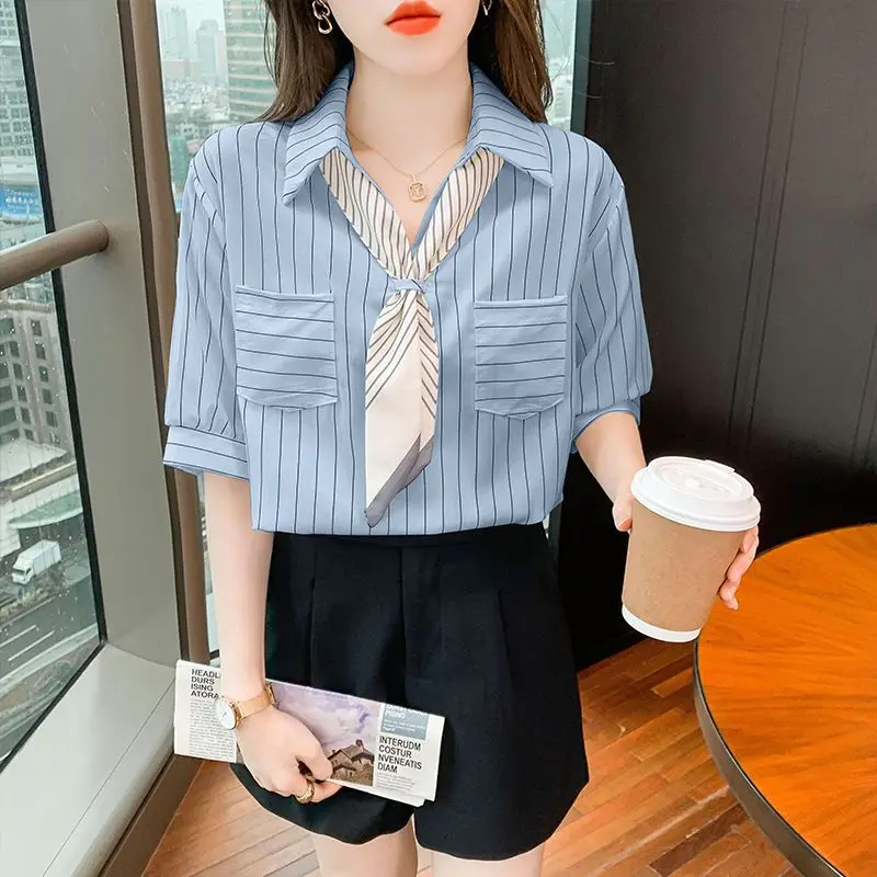 Neues Sommer-Top mit Polokragen-Design für Damen, gestreiftes Hemd, kleiner Duftstil, Revers, kurze Ärmel