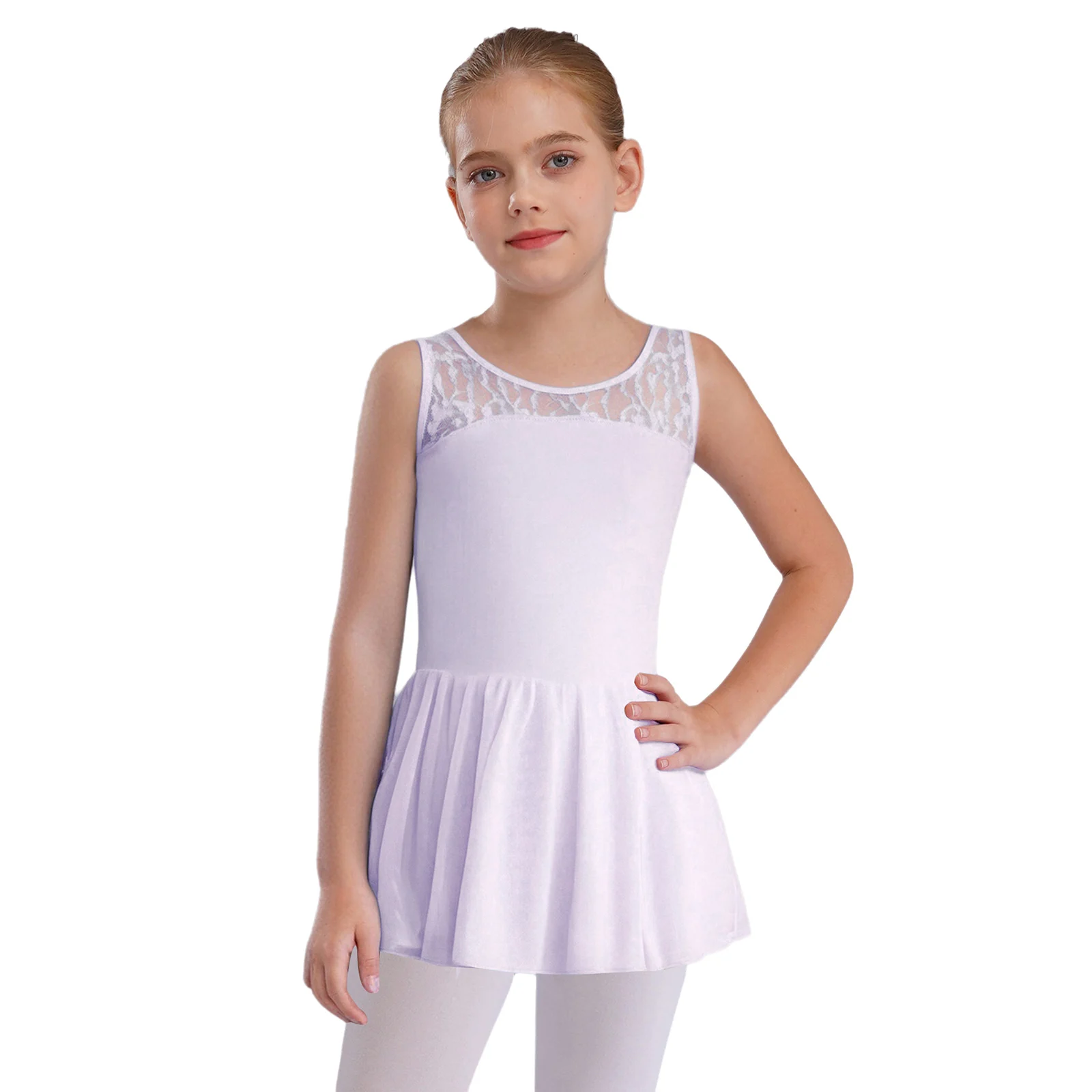 

Kids Girls Ballet Dance Dress Sleeveless V-Back Floral Lace Patchwork Dance Leotard Dress Ballroom Performance Practice Costume