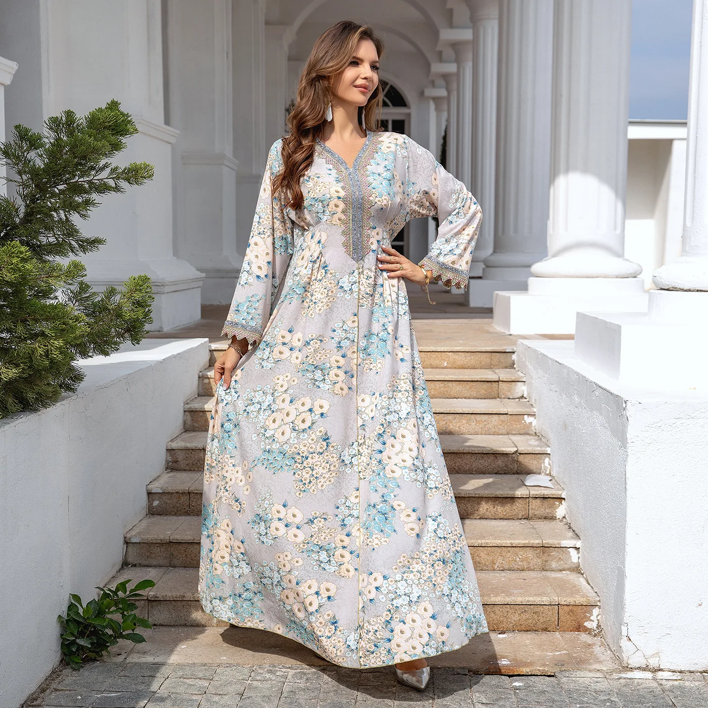 

Women Long Sleeve Floral Print Maxi Dress Ramadan Abaya Dubai Kaftan Morocco Femme Musulmane Vestidos Islam Jalabiya Robe Abayas