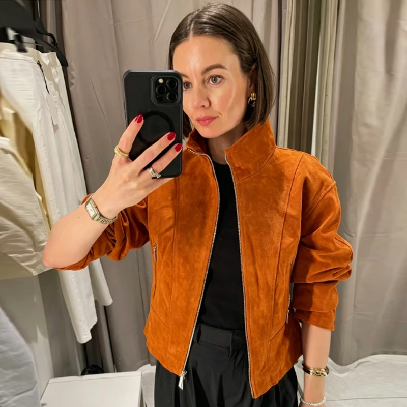 HXAO Damen-Jacke aus Kunstwildleder, kurze Jacke, Herbst 2026, modisch, orange, langärmelig, Stehkragen, Reißverschluss, schmale Passform, schicke Oberbekleidung, Top – Detail 7