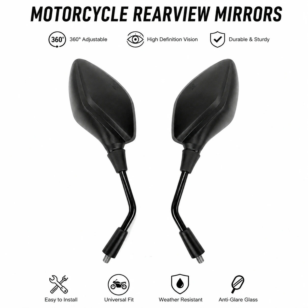 Universal Motorcycle Electric Scooter Rearview Mirror M10 Positive Thread Metal Stem HD Convex Side Rear View Mirror Replacement