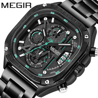 MEGIR 2217 Men Quartz Watch Creative Design Square Dial Chronograph Waterproof Stainless Steel Strap Luminous Date Wristwatch