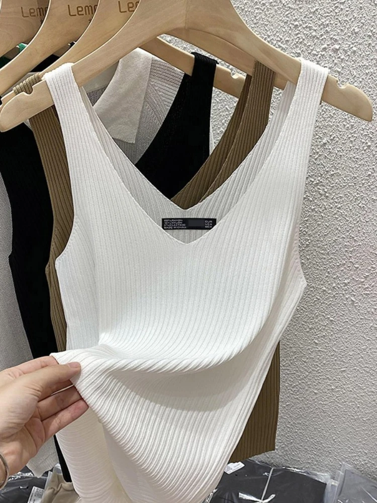 Zjaiss 2026 Summer Fashion Women Camisole Ice Silk Knit Tank Top Slim Fit Sleeveless Base Top Solid Color V-Neck Crop Top image 2