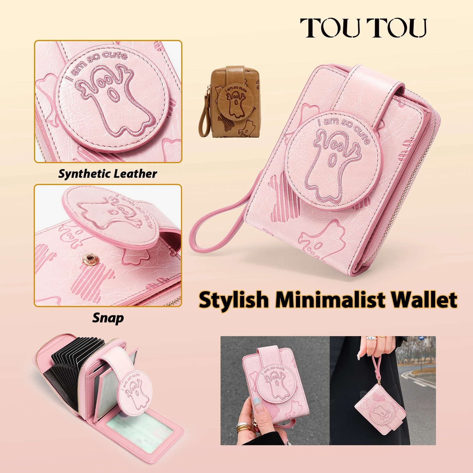 

TOUTOU Pink Wallet Card Holder for Women Key Passport Purse Pouch Cartoon Short Wallet Zipper Clutch Purse Vintage Design Purse