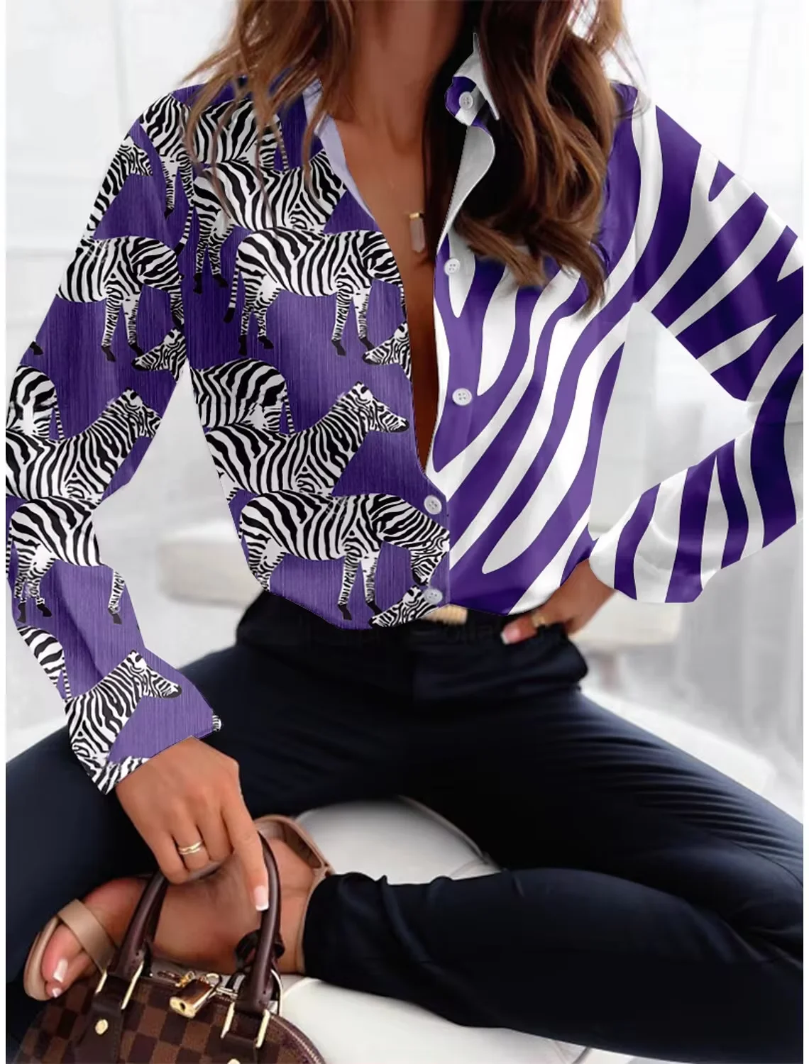 Vintage Loose Zebra Print Women's Blouse Fashion Lapel Long Sleeve Office Ladies Shirts and Tops Women Clothing 2024