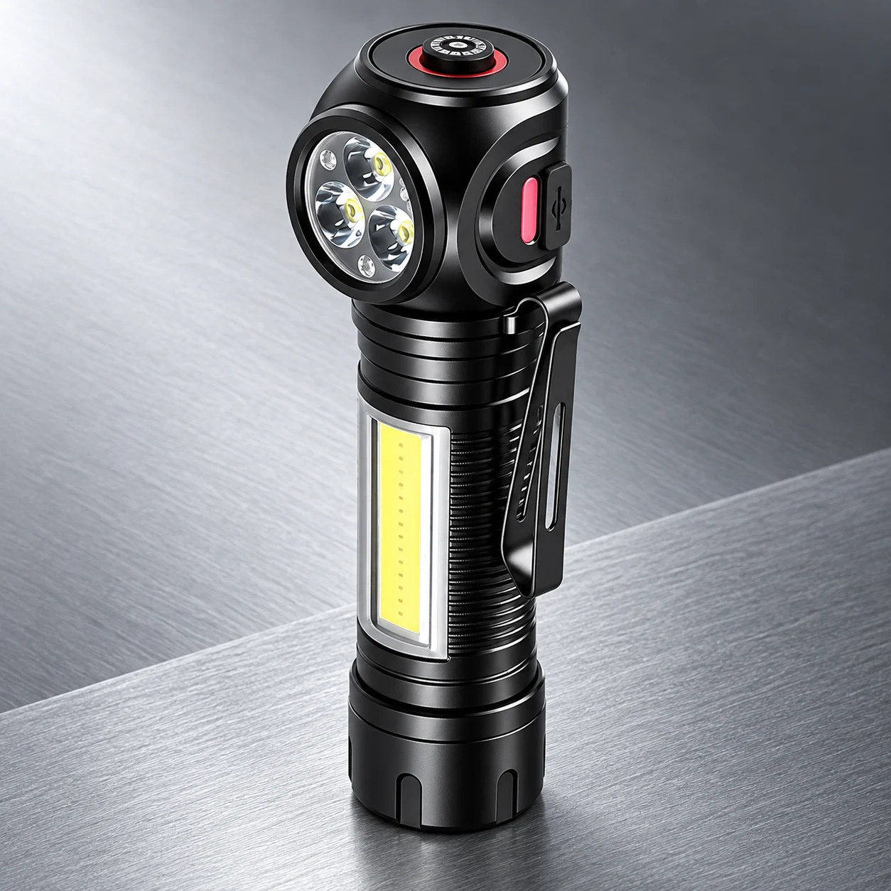 Right Angle LED Flashlight with Magnetic Tail and Pocket Clip, USB-C Rechargeable COB Work Light with White Red Modes for Repair Camping Emergency