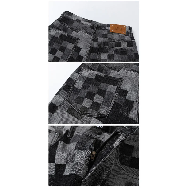 Pantalones vaqueros rectos holgados de alta gama para hombre, ropa de calle retro con estampado de chevron personalizado, color azul, Otoño, novedad de 2024