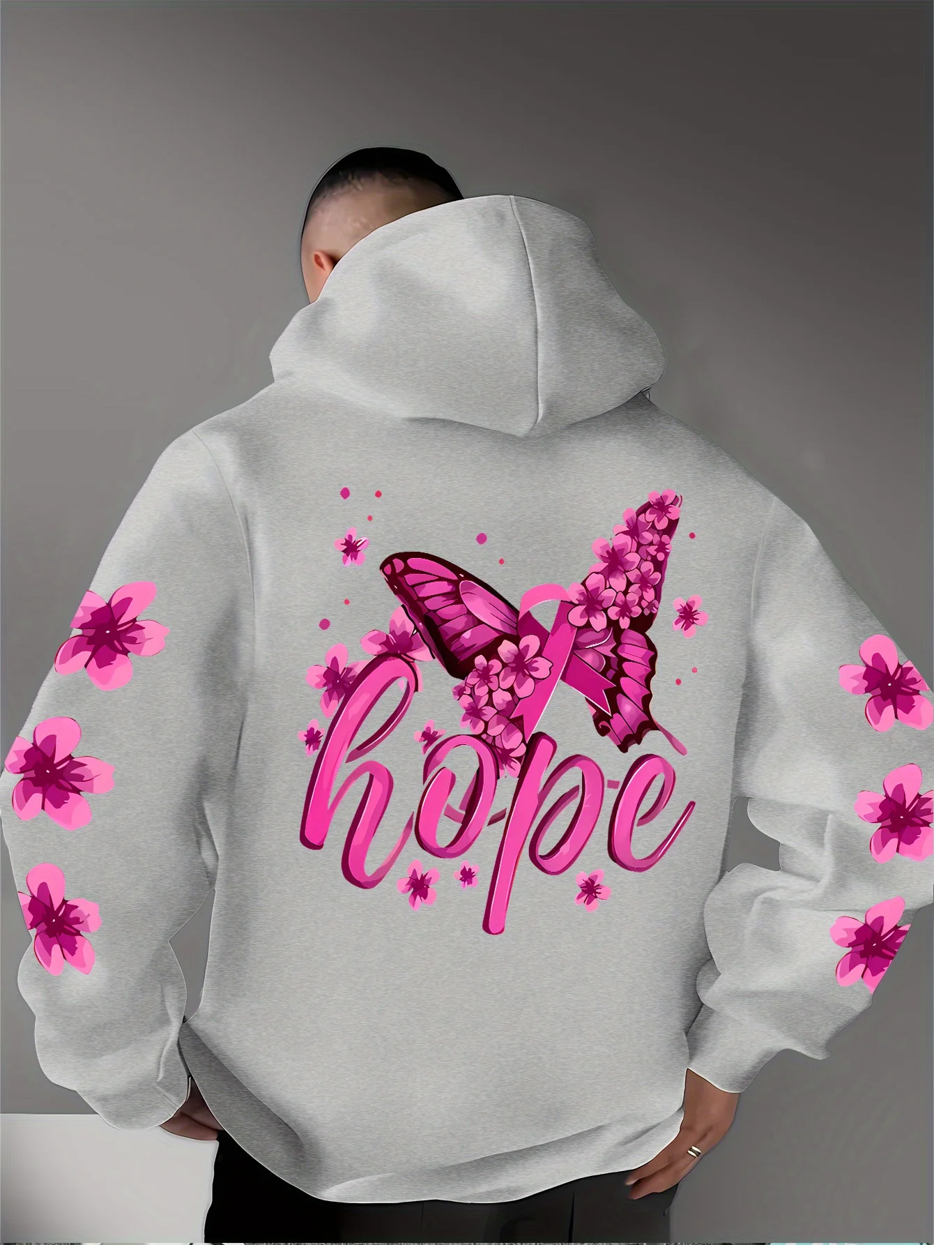 Herren Sport Hip-Hop Hoodie Rosa Blumen Schmetterling Hoffnung Buchstaben Grafik Rückendruck Streetwear Fleece Pullover Sweatshirt – Detail 5