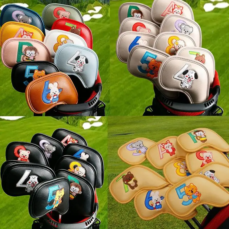 

9PCS Golf Iron Covers Club Cartoon Premium PU Double Sided Digital Embroidery Golf Club Cover Protective Cover Anti-scratch